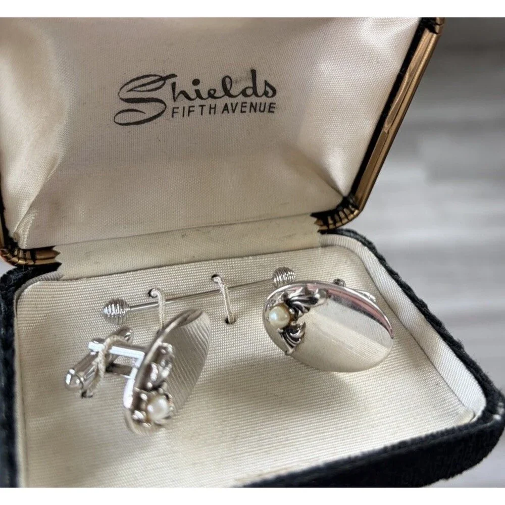 Vintage Shields Fifth Avenue Cultured Pearl Cufflinks Silver Tone MCM With Box